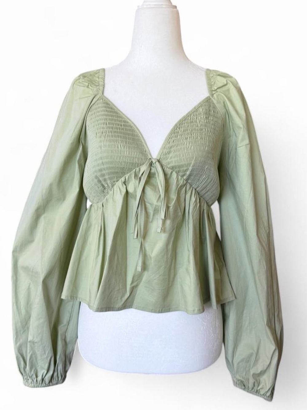 Light Green Peplum Smocked Bust Long Sleeve Top